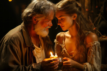 Old bearded man in love with young girl.