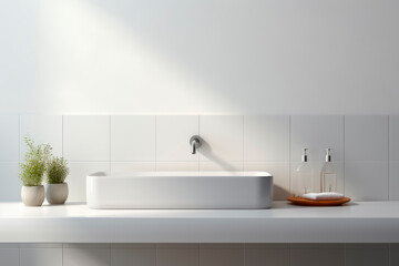 Fototapeta na wymiar Modern sink in a white tiled bathroom interior.