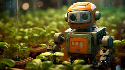 Smart robotic futuristic farmer working on field. Agriculture technology, farm automation.