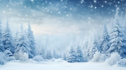 Fototapeta na wymiar Snowfall in winter forest.Beautiful landscape with snow covered fir trees and snowdrifts.Merry Christmas and happy New Year greeting background with copy-space.Winter fairytale. 