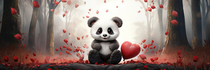 cute cartoon character panda with a red balloon heart in forest with a copy space. Template for a Valentine's Day greeting card - obrazy, fototapety, plakaty