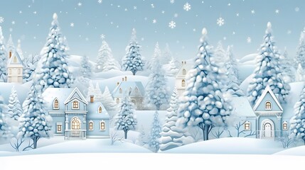 Fototapeta na wymiar Winter background. Christmas village. Seamless border. Fairy tale winter landscape. White houses, fir trees on light blue background. Vector illustration
