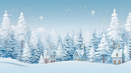 Winter background. Christmas village. Seamless border. Fairy tale winter landscape. White houses, fir trees on light blue background. Vector illustration