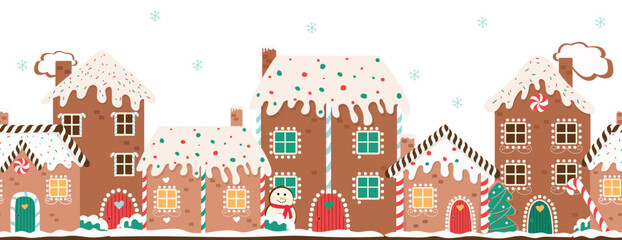 Gingerbread houses christmas border. Horizontal vector illustration for winter holidays. Gingerbread house day