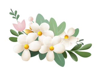 Vector illustration of a bouquet of white flowers with green leaves.