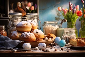 Homely Rustic easter Bakery Spread with Pastries

