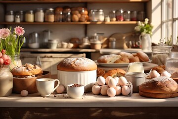 Homely Rustic easter Bakery Spread with Pastries

