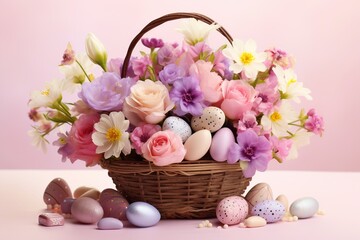 Easter Basket with Flowers and Pastel Eggs


