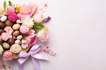 Obraz na płótnie Canvas Charming Easter Basket with Eggs, Chocolates, and Flowers