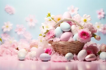 Easter Basket with Flowers and Pastel Eggs

