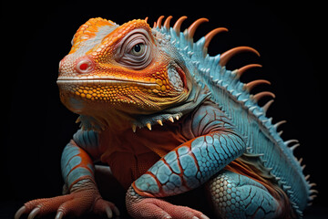 Close up photography of a colorful iguana on a cinematic dark black background. High resolution wallpaper AI generated.