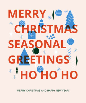 Christmas Seasonal Greetings Postcard. Vector Illustration of Winter Holiday. Happy New Year. Typography Design.