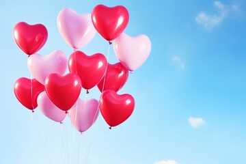 Love in the Air: Heart-Shaped Balloons Ascending into Serene Blue Sky