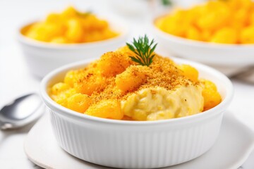 A white bowl filled with macaroni and cheese