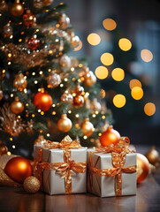 Christmas gifts with gold ribbons on the background of a beautiful fir tree with lights and...