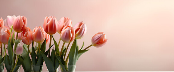 Pink tulips on a soft pink background with empty space generated AI