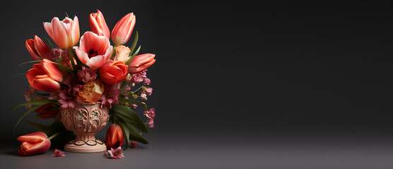 Bouquet of flowers on dark background with empty space generated AI