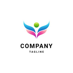 Person with Wings Logo Concept. Freedom or human logo symbolizing success and happiness for yoga or charity in colorful gradient design style