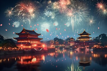 Fireworks Display Over Traditional Pagoda  