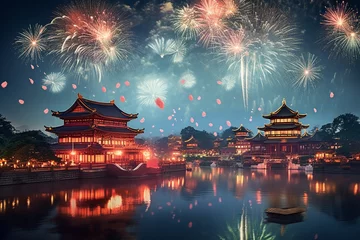Fototapete Altes Gebäude Fireworks Display Over Traditional Pagoda  