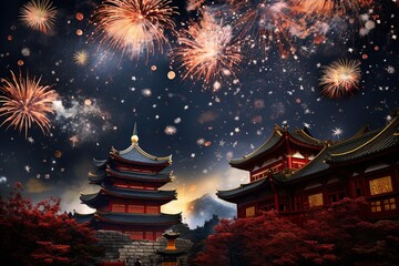 Fireworks Display Over Traditional Pagoda  