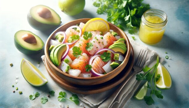 High-quality image showcasing Ceviche with raw fish marinated in citrus juices, garnished with onions, coriander, and avocado.
