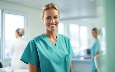 female nurse wearing light green scrubs smiling 