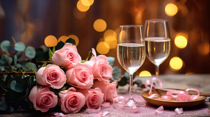 Obraz na płótnie Canvas Pink rose bouquet and two flutes glasses of champagne on the table with light bokeh background, romantic dinner concept, Valentine s day background.