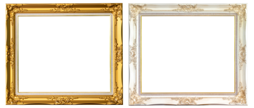 Luxury golden and white magnificent wood frame in Louis XVI style. France 19TH Century,isolated on transparent background  Picture, home interior and decor, PNG File