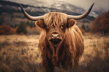 majestic highland cow grazing , a rustic Montana backdrop - obrazy, fototapety, plakaty