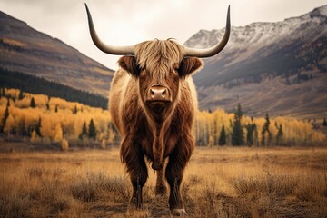 majestic highland cow grazing , a rustic Montana backdrop - obrazy, fototapety, plakaty