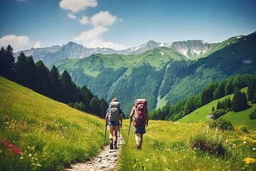 Hikers Exploring Mountain Trails at Sunrise

