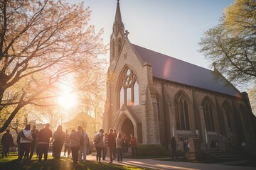 Congregation at a Sunlit Church Service

