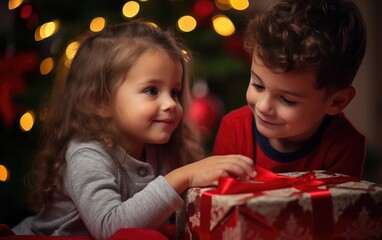 Fototapeta na wymiar Photography of a little brother and sister looking at gifts under the tree for the New Year, vibrant colors