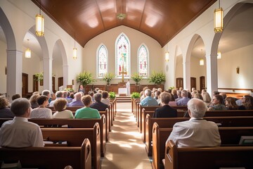 Congregation at a Sunlit Church Service

