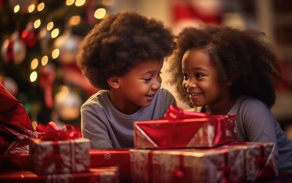 Photography Of A Little Brother And Sister Looking At Gifts Under The Tree For The New Year, Vibrant Colors