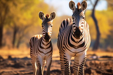 Obraz premium Zebra mother and zebra foal in grassland savanna, close up shot, beautiful wildlife animal background.