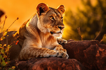 A female lion, lioness resting on the rock with watchful eyes at savannah grassland in the evening.