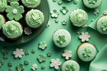 St. Patrick's Day Kitchen with Green Cupcakes and Shamrock Cookies