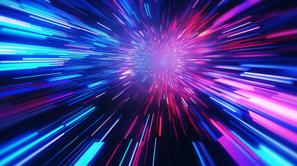Blue pink and purple neon glow laser beam light lines moving fast, digital, high speed internet, cyberpunk, techonogy backdrop. futuristic abstract background.