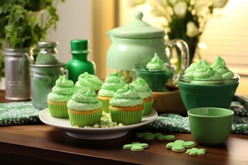 Obraz na płótnie Canvas St. Patrick's Day Kitchen with Green Cupcakes and Shamrock Cookies