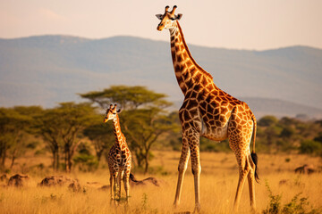 Giraffe mother and baby in grassland savanna day time, tallest animal in the world.