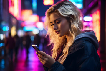 woman texting on phone at night - obrazy, fototapety, plakaty