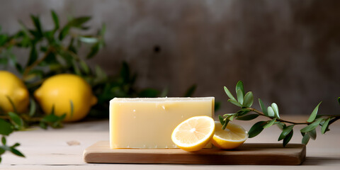 Natural handmade soap with lemon oil on light wooden table, background with copy space