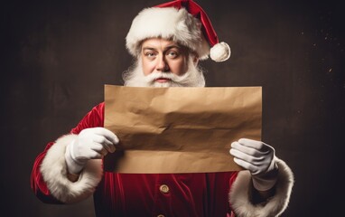 Santa claus is holding a blank cardboard sign
