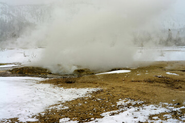 Winter Snowing Geothermal Pool Yellowstone
