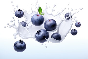 Blueberries are falling into a splash of milk