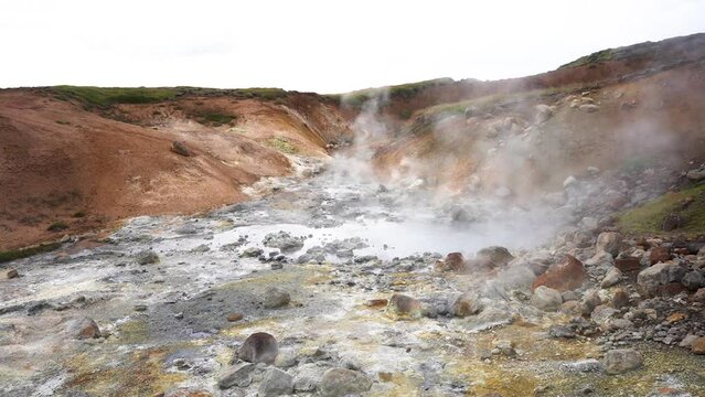 Geothermal zone of geysers on smoke