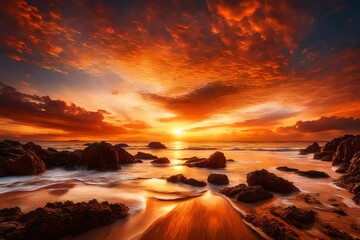 Craft a stunning scene in high-definition imagery, showcasing a majestic sunset with a celestial display of warm tones engulfing the horizon, creating a serene and captivating image,