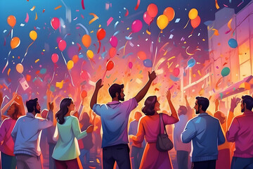 illustration of happy people with hands up in festival